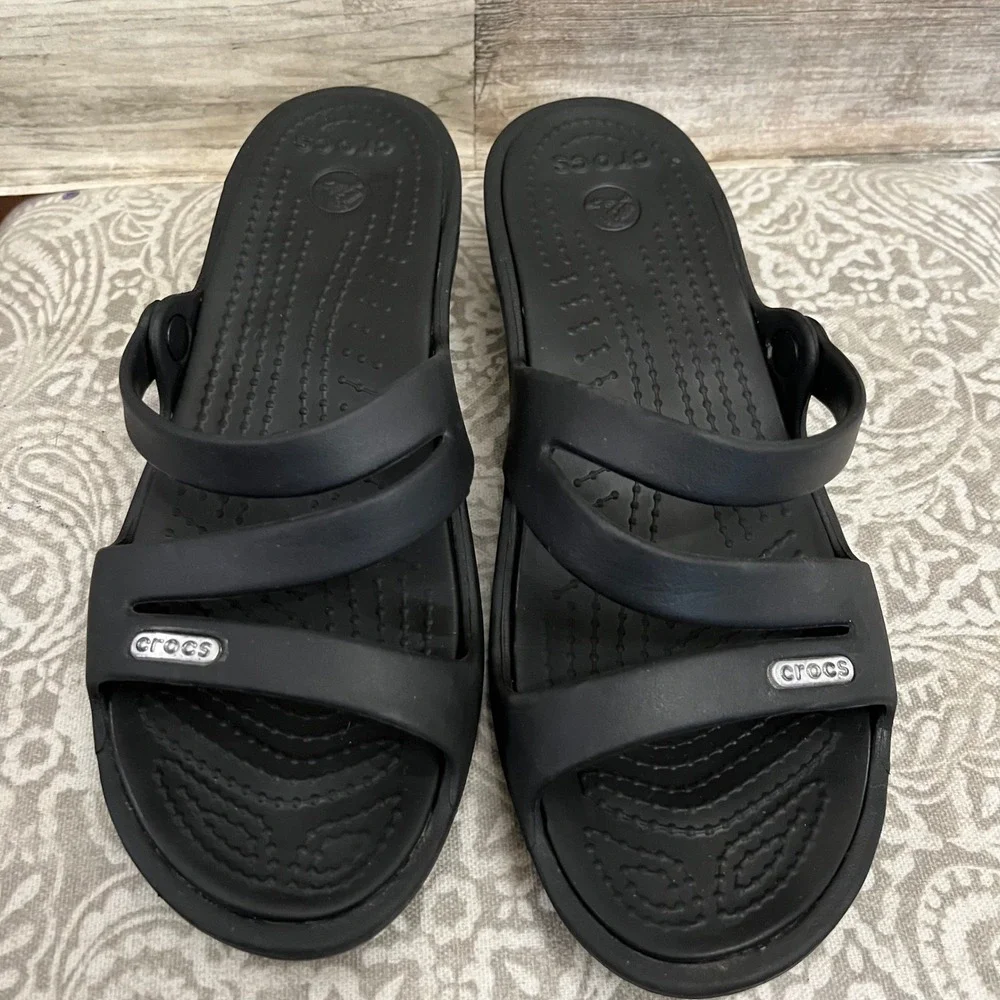 Crocs Monterey Strappy Wedge Sandals Black Slides Womens Size 6 206304